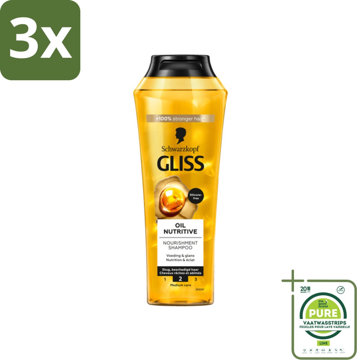 3 x Gliss - Shampoo - Oil Nutritive - Voor Voedend en Zijdezacht Haar - 250 ml - Grootverpakking - Glans Shampoo - Voedende Shampoo - Droog Haar Shampoo - Haarverzorging - Haar Conditioner