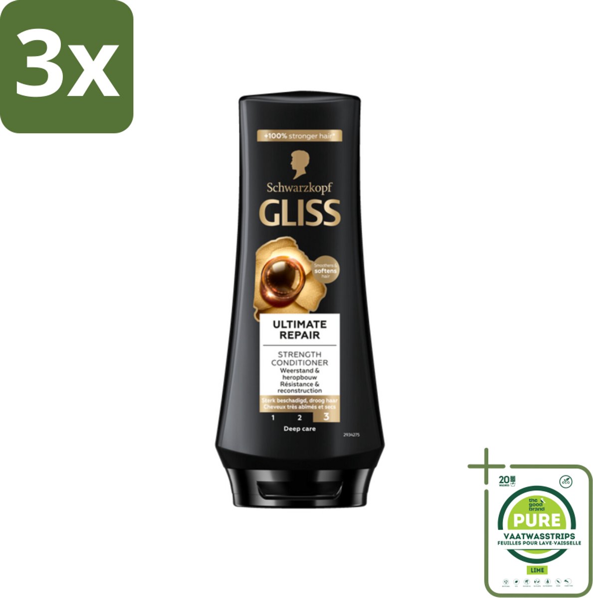 3 x Gliss - Hair Repair - Conditioner voor Ultiem Herstel van Beschadigd Haar - 200 ml - Grootverpakking - Haar Conditioner - Haar Herstel - Beschadigd Haar - Droog Haar - Keratine Conditioner