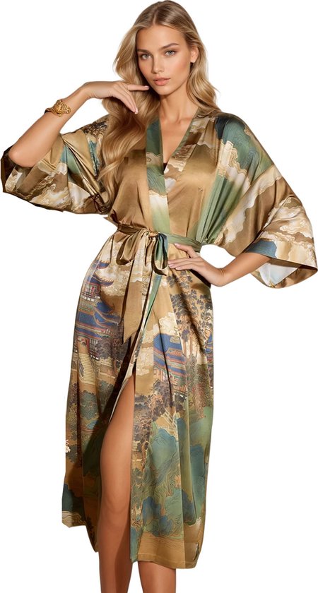 Kimomi Kimono Dames – Satijnen Lange Kimono met Japanse Print – one size - Ochtendjas – Luxe Loungewear – Golden Whisper