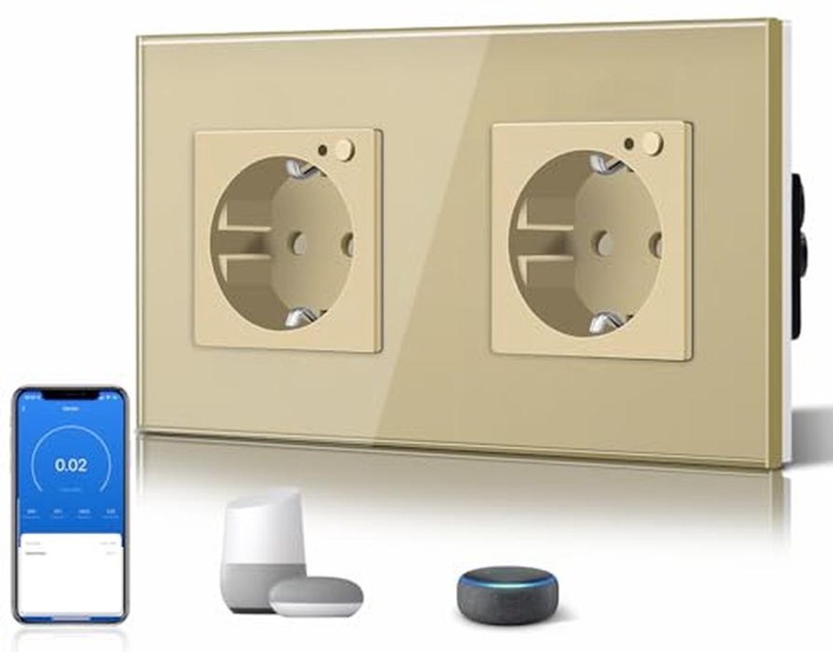 Slimme WiFi Stekker 16A | Dubbele Schuko Socket met App Controle en Glazen Afwerking | Compatibel met Alexa en Google Home