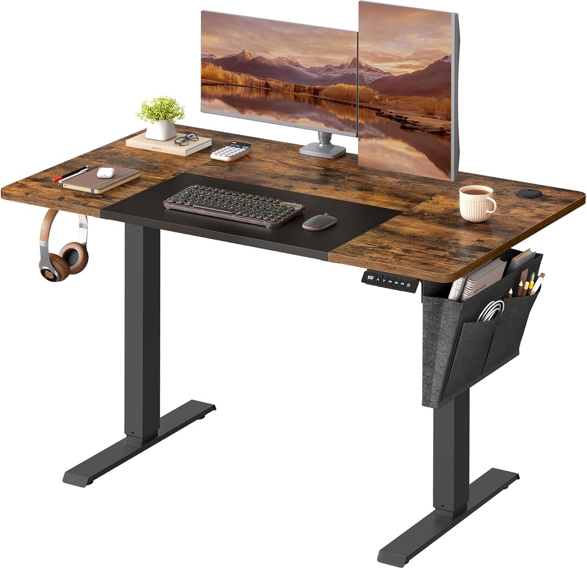 SONGMICS Elektrisch in hoogte verstelbaar bureau 120 x 60 x (72-120)cm, traploos verstelbaar, gesplitst tafelblad, 4-weg geheugenfunctie, vintage bruin/zwart LSD015X01