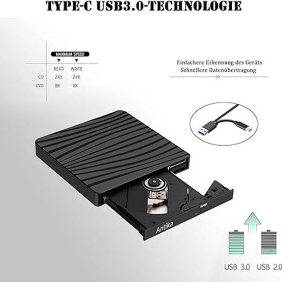 Externe DVD-Drive USB 3.0 & Type-C - Draagbare CD/DVD Brander & Lezer - Plug & Play Optische Drive voor Laptop & Desktop - Compatibel met Windows 11/10/8/7 & MacBook/MacOS - Slank & Schokbestendig Design van Thuys — afbeelding 5