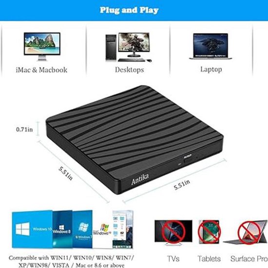 Externe DVD-Drive USB 3.0 & Type-C - Draagbare CD/DVD Brander & Lezer - Plug & Play Optische Drive voor Laptop & Desktop - Compatibel met Windows 11/10/8/7 & MacBook/MacOS - Slank & Schokbestendig Design van Thuys — afbeelding 3