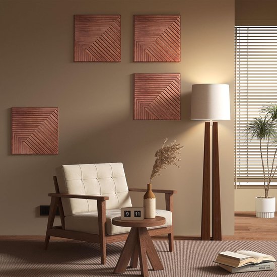 Panneaux muraux 3D autocollants en bois - Revêtement mural en bois - Autocollants - Panneaux muraux 3D pour décoration murale - Panneau acoustique décoratif - 30x30 cm (Rouge brique)