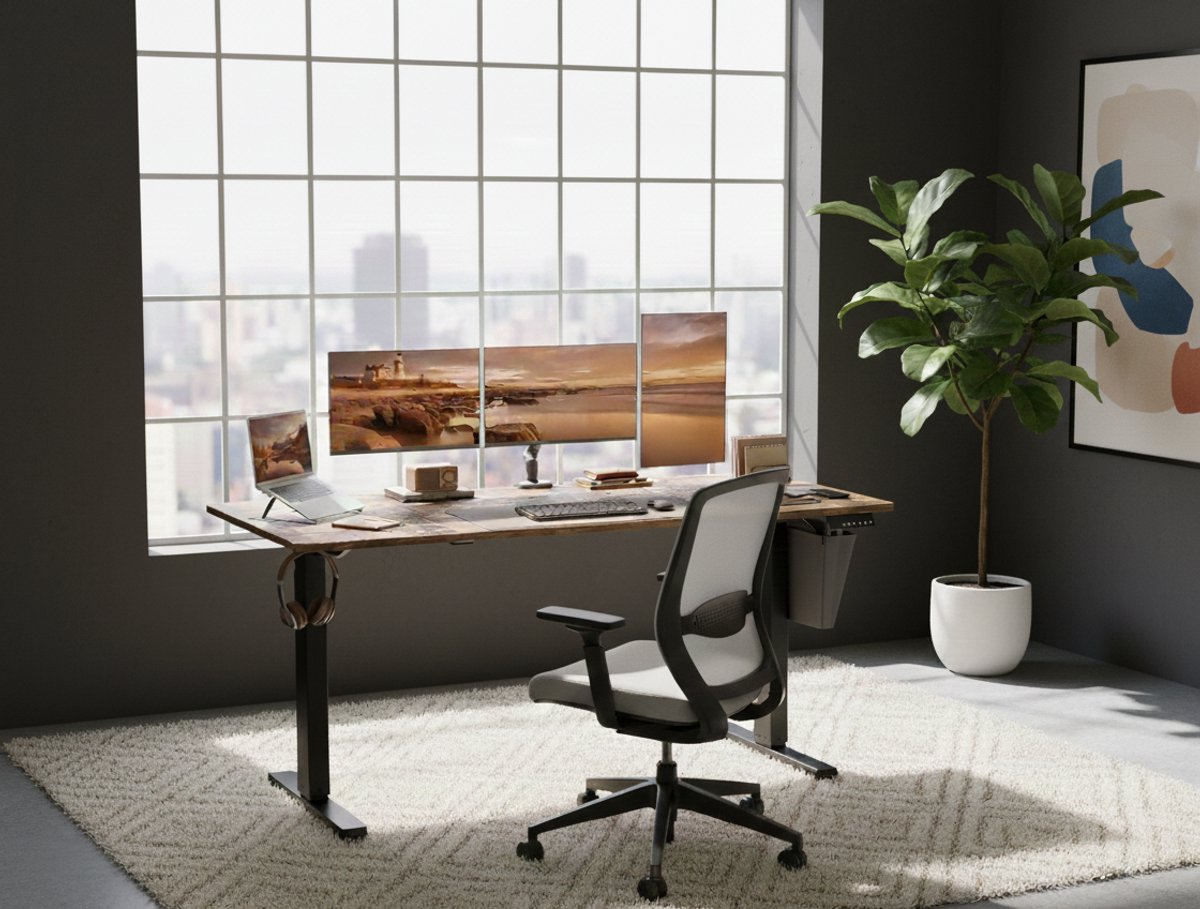 Elektrisch Zit-Sta Bureau 160x70cm – In Hoogte Verstelbaar 72-120cm met Geheugenfunctie, Stil & Krachtig Motor, Anti-Botsing, Kabelbeheer & Organizer – Groot Ergonomisch Werkbureau voor Thuis & Kantoor – Vintage Bruin/Zwart – House&Garden