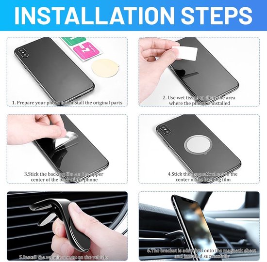 Installatie stappen voor de magnetische telefoonhouder: voorbereiden telefoon, schoonmaken, plakken magneet, installeren houder in ventilatierooster.