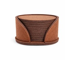 Vilten Glasonderzetters Set 10-delig met Houder – Ø 10 cm – Bruin