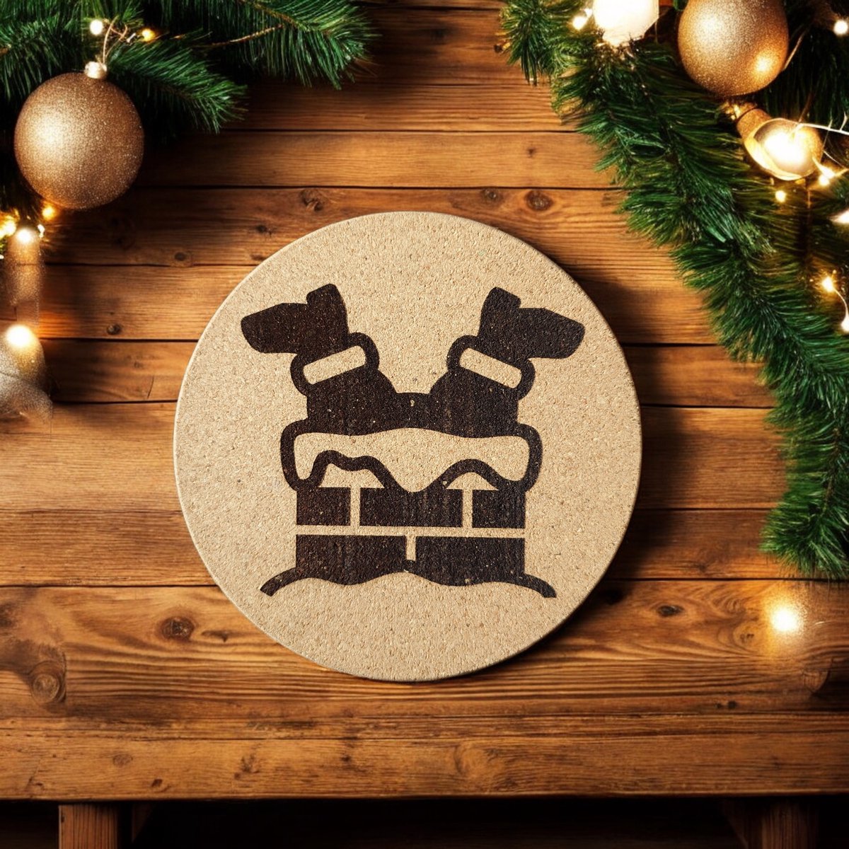 Baardmans Creaties - Pannen-onderzetter kurk rond 17 cm 'Kerstman in schoorsteen'