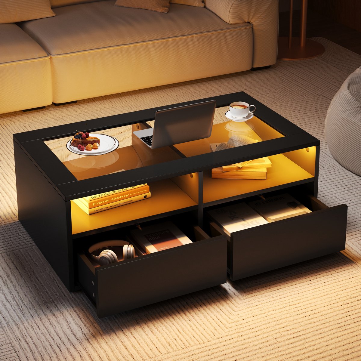 HAUSS SPOLE Salontafel - Geharde Glas Met LED En 2 Laden - Tweelaags Met Open Vakken - Glas/Spaanplaat - 100x50x35 cm - Eenvoudig Reinigbaar - Zwart