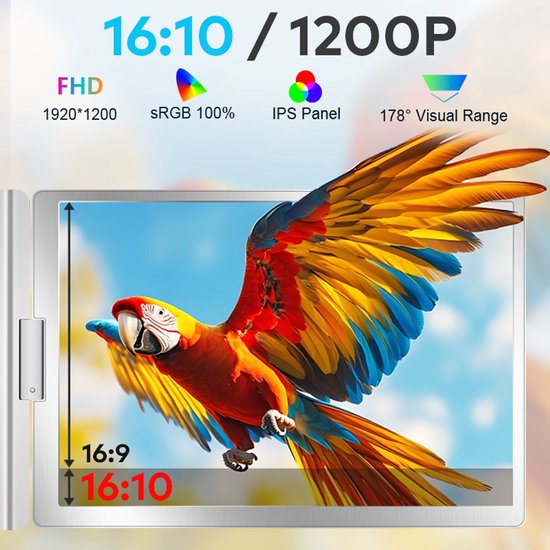Monitor met scherp display van een kleurrijke papegaai, met tekst over FHD, sRGB 100%, IPS Panel en 178° Visuele Bereik.