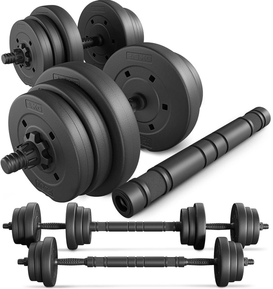 Trex Sport TX-010SL – Bitumen Halterset 2×10 kg met Verlengde Stang - Verstelbar – Dumbbellset – Soft Grip Antislip – Vloervriendelijk – Bitumen Gewichten – Totaal 20 kg
