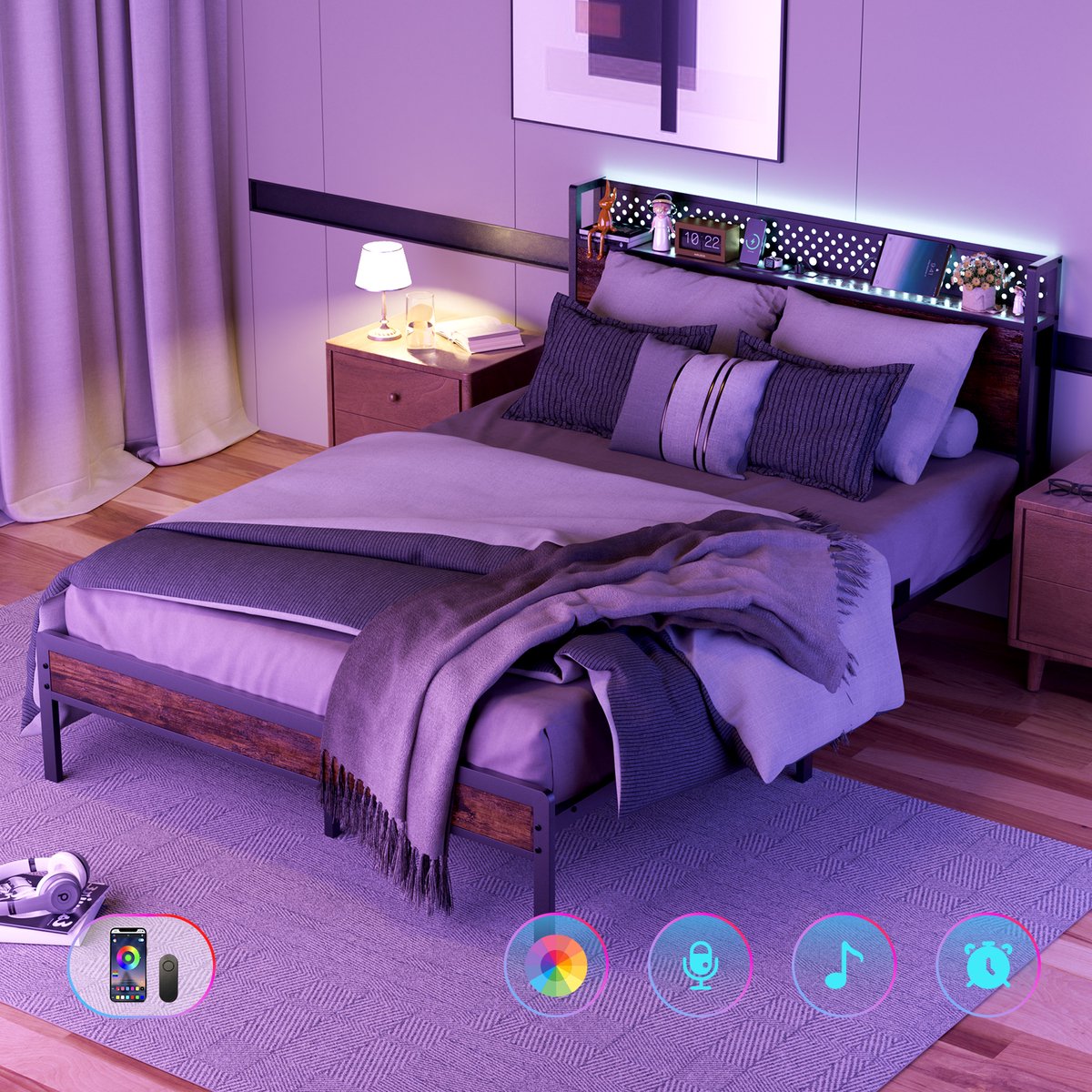 KUTAS Auralum MAX Metalen Bedframe - Tweepersoonsbed 140x200 cm - Heavy Duty Metalen Bedframe - Metalen Bed Met LED Verlichting - Hoofdbord met Opbergruimte - USB Poorten - Type C - Draagkracht 480kg Zwart
