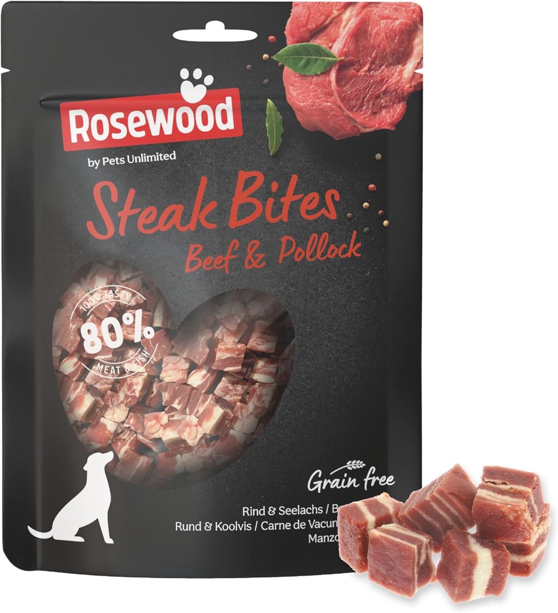 Rosewood Steak Bites Rund & Koolvis - Malse Trainsnack voor Honden, Hoog Vlees/Vis Gehalte, Zonder Granen en Gluten, Zonder Kunstmatige Toevoegingen, 100 g