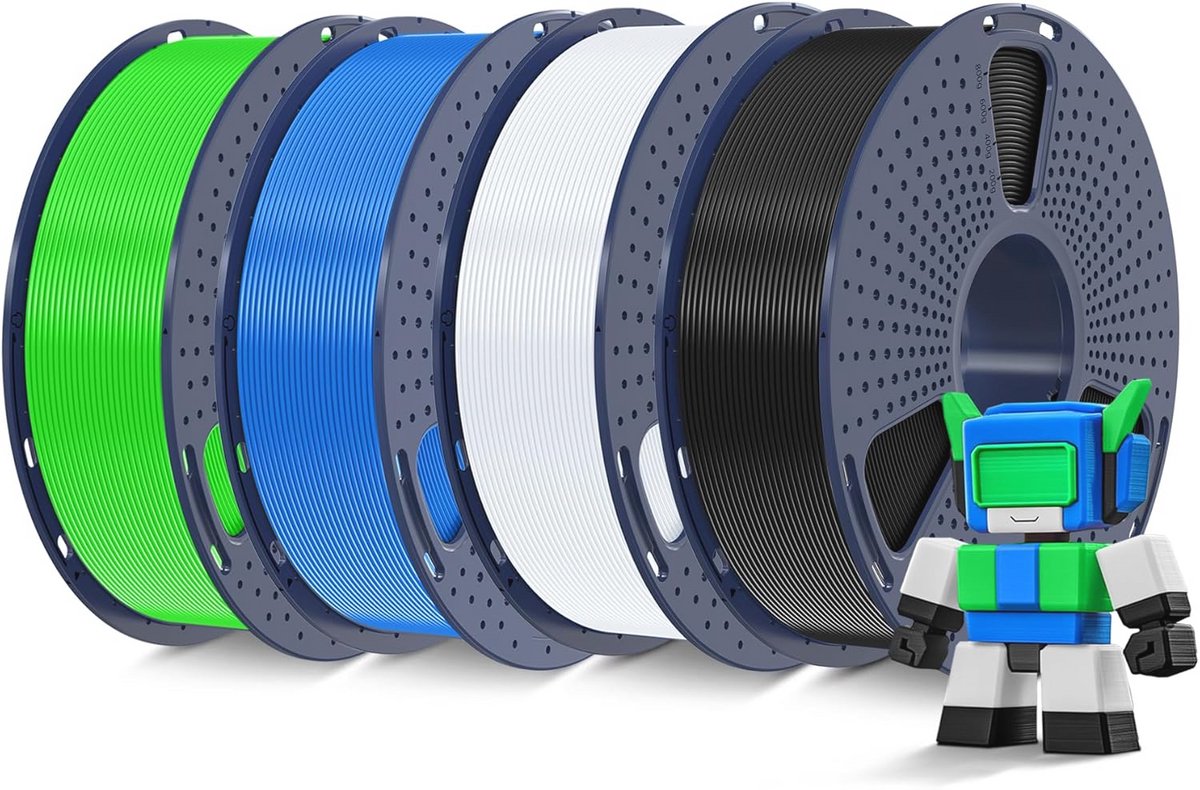 Hoge Snelheid PLA-filament 1,75 mm voor 3D-printers – 4-pack in Zwart, Wit, Blauw en Groen