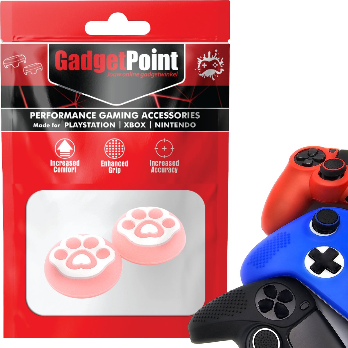 Gadgetpoint - Thumb Grips voor PlayStation, PS5, Xbox X/S, One & Switch Pro Controller - Gaming Thumbgrips - Performance Anti-Slip Thumbsticks - Bescherming Accessoires - Pootjes - Roze met Wit