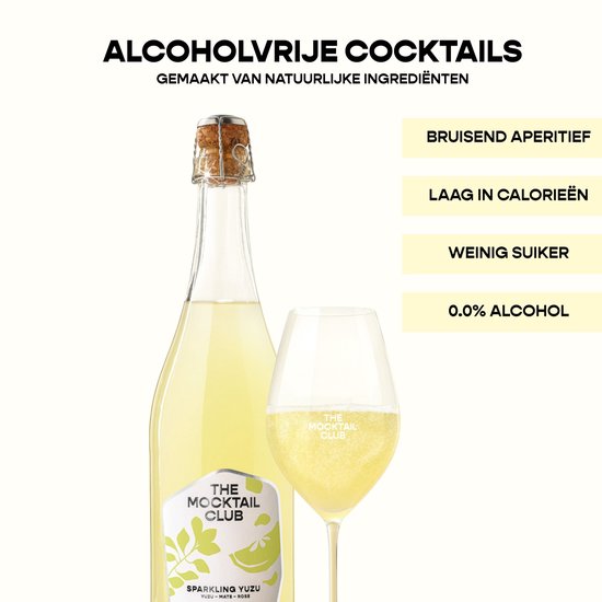 Fles en glas met gele, bruisende alcoholvrije drank 'Sparkling Yuzu' van The Mocktail Club. Met tekst: Alcoholvrije cocktails, Bruisend aperitief, Laag in calorieën, Weinig suiker, 0.0% Alcohol.