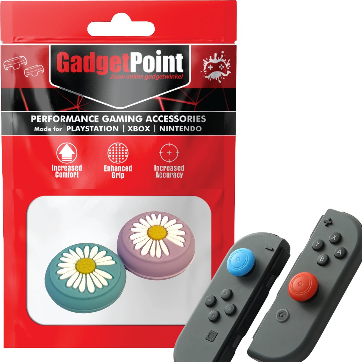 Gadgetpoint - Thumb Grips voor Nintendo Switch Joy-Con Controllers - Gaming Thumbgrips - Performance Anti-Slip Thumbsticks - Bescherming Accessoires - Bloemetjes - Blauw/Paars