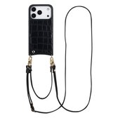 Zwarte croco backcover met een lang koord en goudkleurige clips.