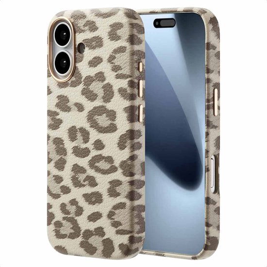 Coque de téléphone doux ivoire avec imprimé léopard marron et bords dorés, pour iPhone.