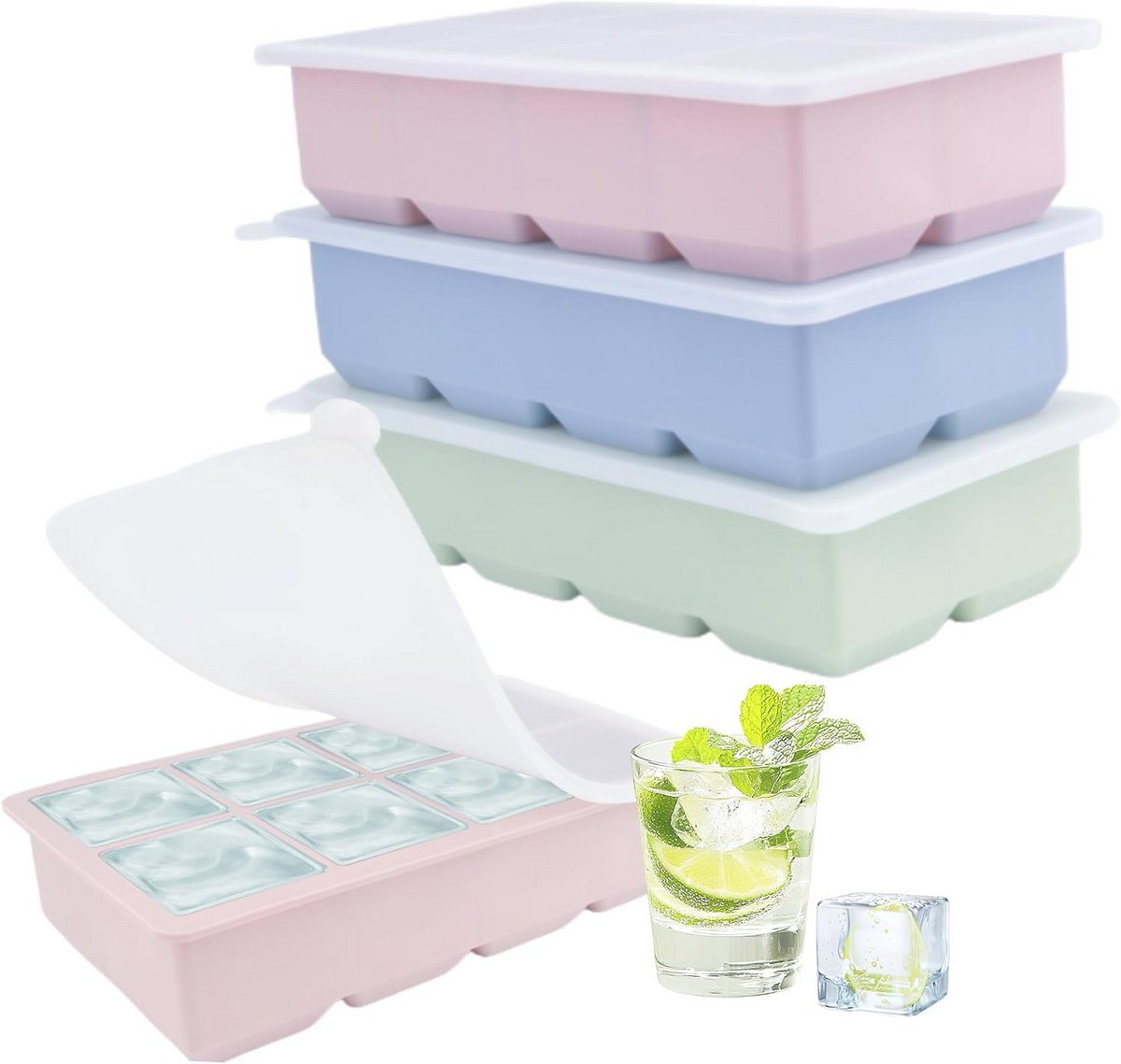 Set van 3 herbruikbare siliconen ijsblokjeshouders in pastelkleuren