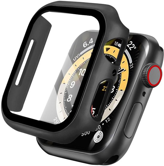 Zwarte smartwatch case met glazen scherm, half op een smartwatch.