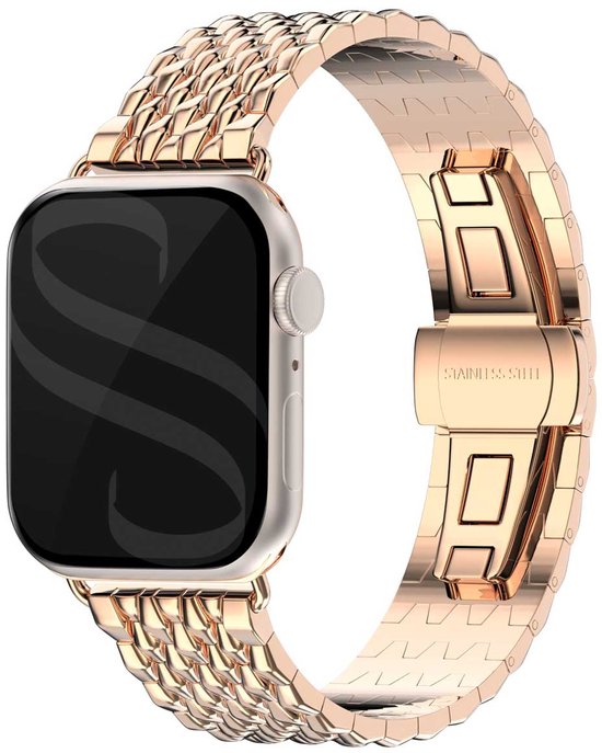Rosé gouden metalen Apple Watch bandje met gevlochten schakels en gesp van 'roestvrij staal'.