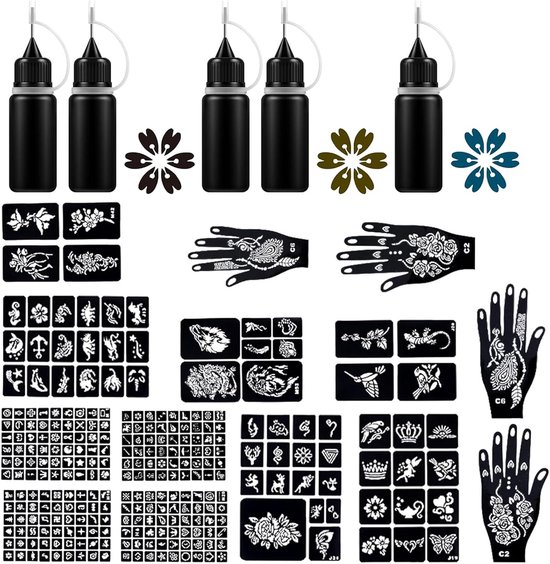 Natuurlijke Henna Tattoo Set met 5 Kleuren, Stencils en Glitter voor ...