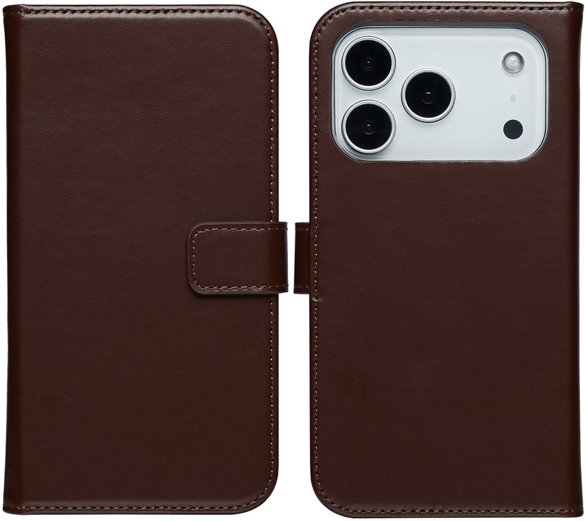 Selencia Hoesje - Geschikt voor Apple iPhone 17 Pro Max - Echt Lederen Bookcase - Bruin
