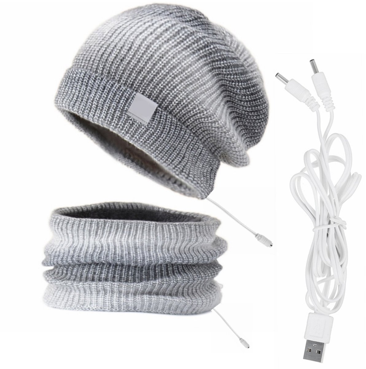 Verwarmde USB Muts + Sjaal Set – Warme Gebreide Wintermuts Met Halswarmer Voor Heren & Dames