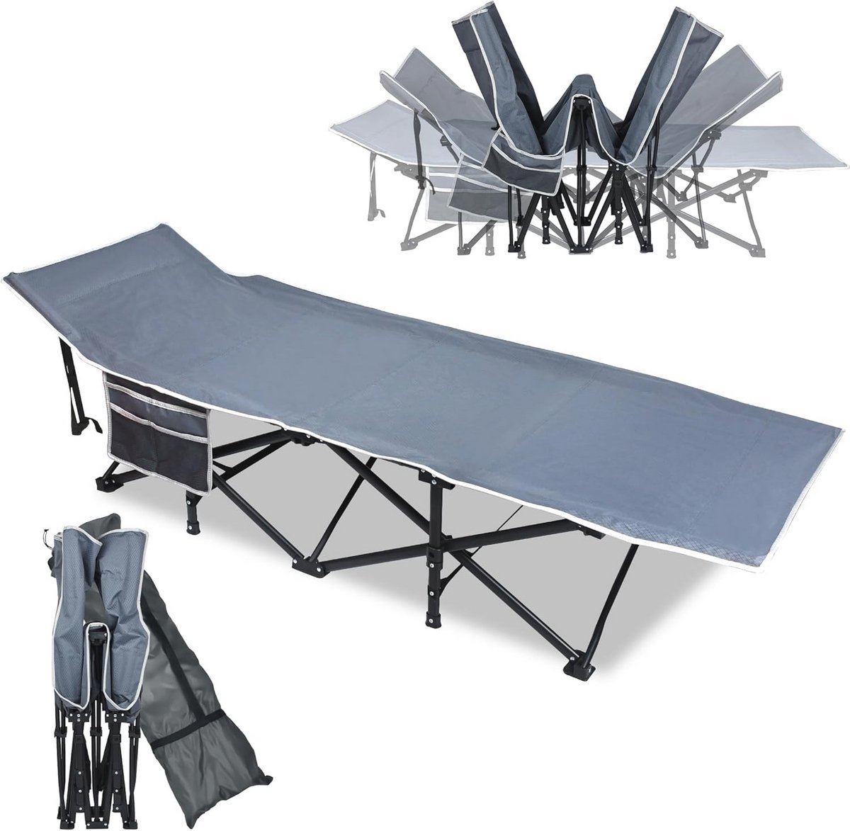 UISEBRT Campingbed, veldbed, inklapbaar, draagbaar, met draagtas en zijzak, stabiele campingstoel van Oxford-weefsel, belastbaar tot 250 kg, ideaal voor binnen en buiten, camping