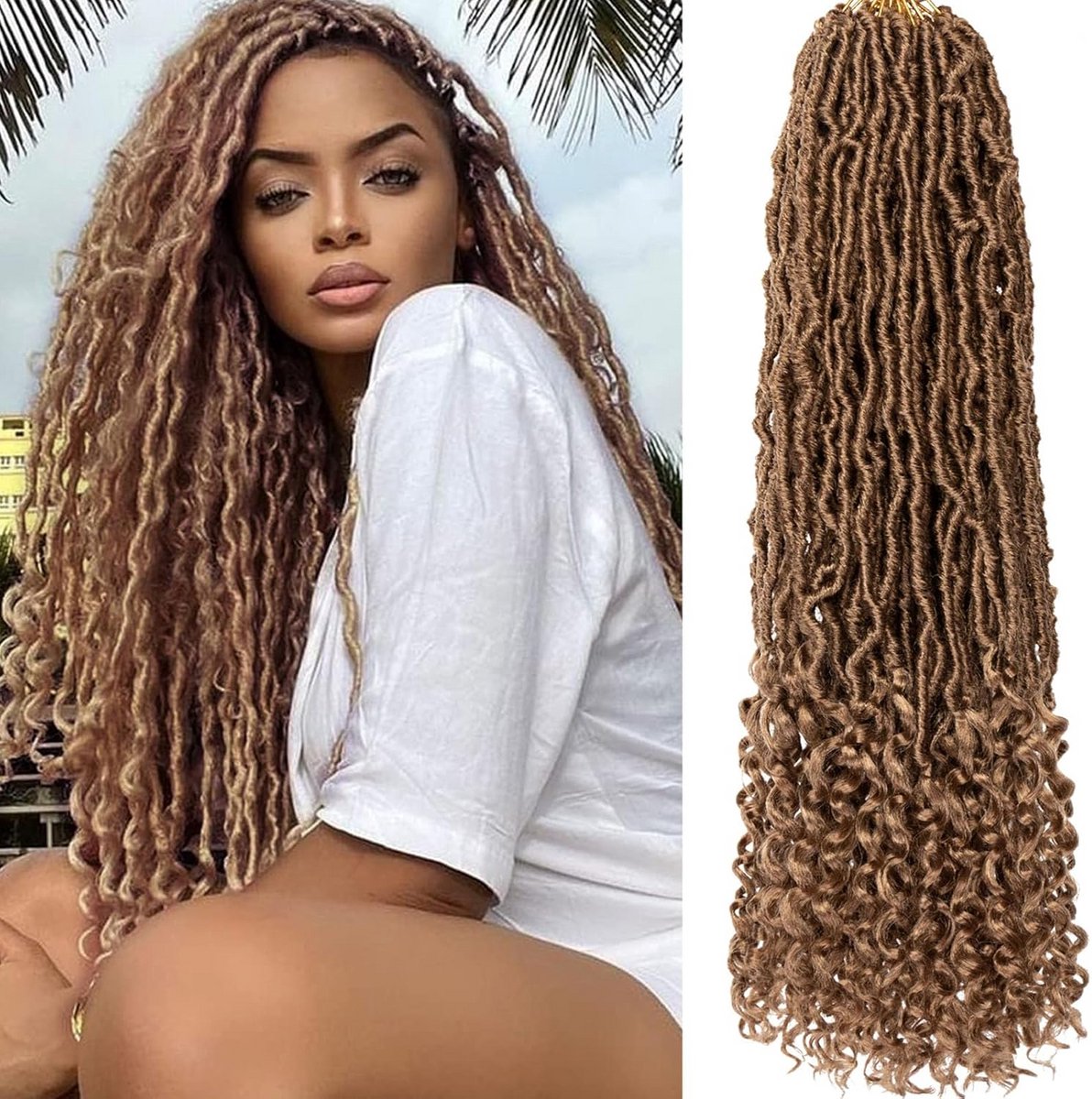 61 cm Gehaakte Valse Locs Vlechthaar met Krullende Uiteinden, Honing Blond