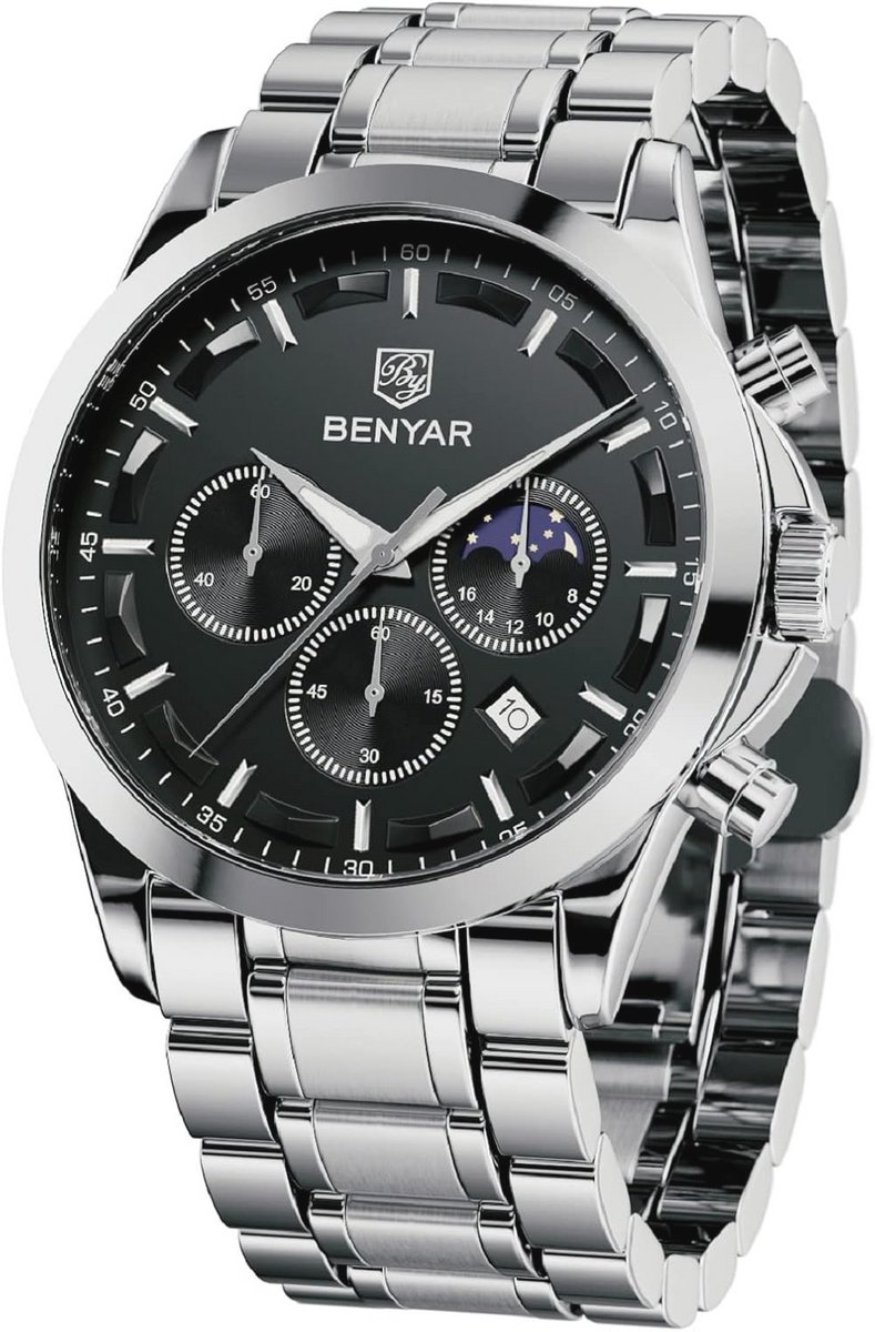 BY BENYAR Herenhorloge, waterdicht, 10 bar, modieus, slank, roestvrijstalen armband, zilver, zwart, leer, chronograaf, Zilver-B
