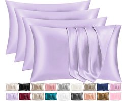 Pamposh Satijnen zijden kussenslopen voor haar en huid, set van 4 standaardformaat met envelopsluiting (4 kussenslopen (50 x 75 cm), paars)