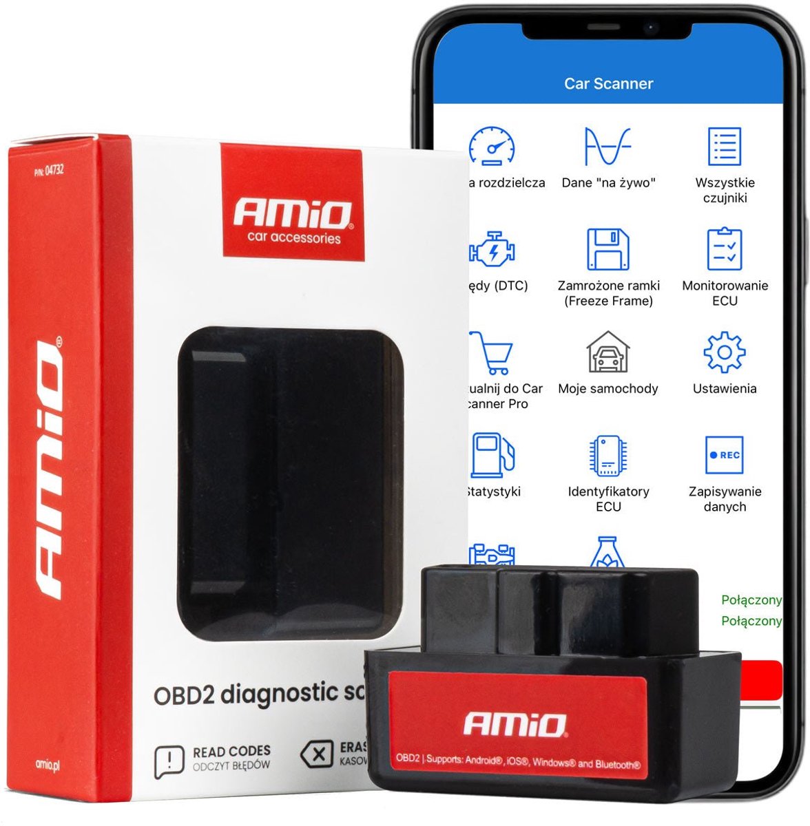 AMiO Bluetooth OBD2 Diagnosescanner voor Auto – Foutcodes Lezen Wissen en Live Voertuigdata Analyse via Android, iOS en Windows App