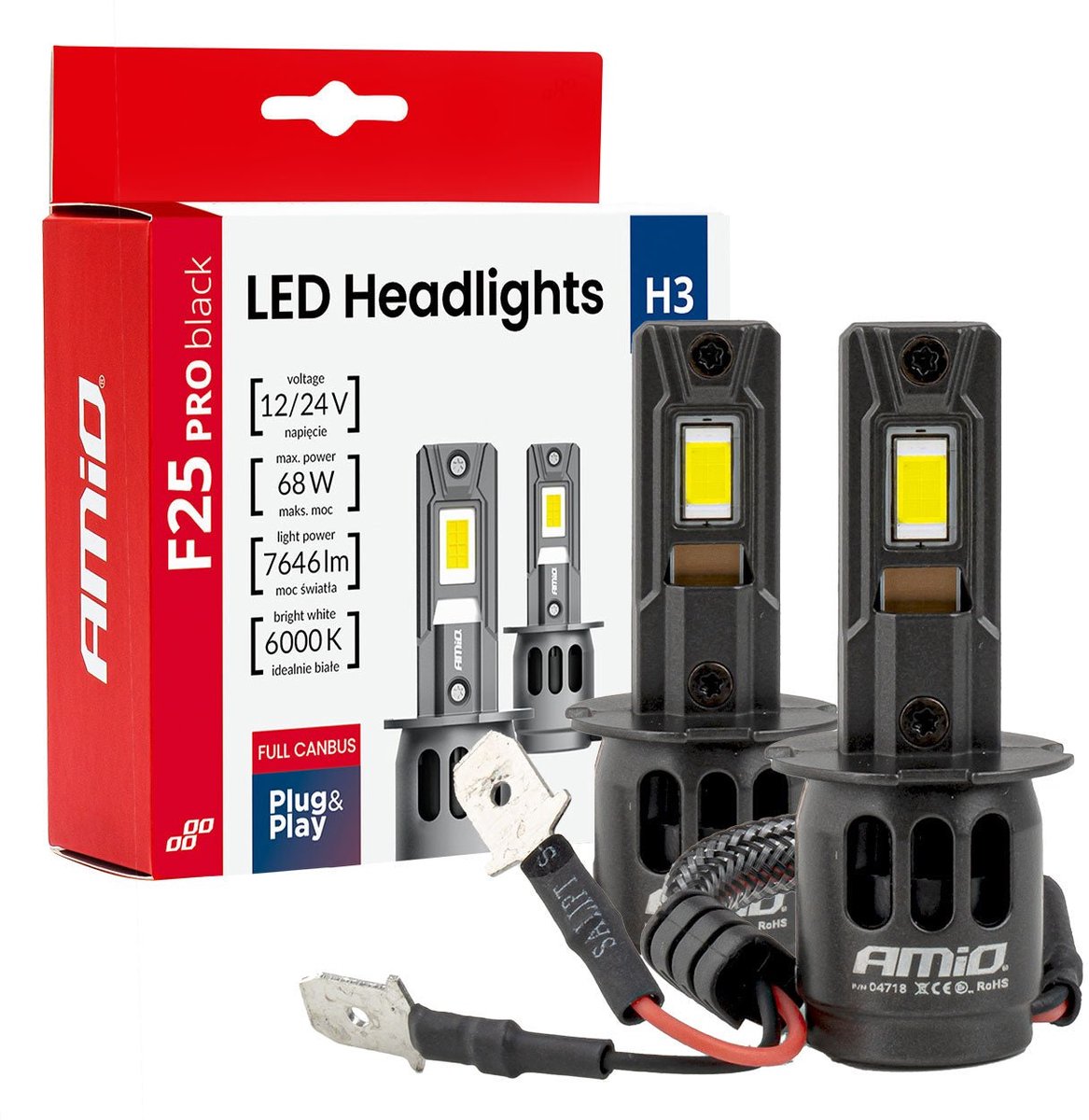 AMiO F25 PRO BLACK FULL CANBUS H3 – 68W 6000K Wit 12V/24V - Hoge Helderheid