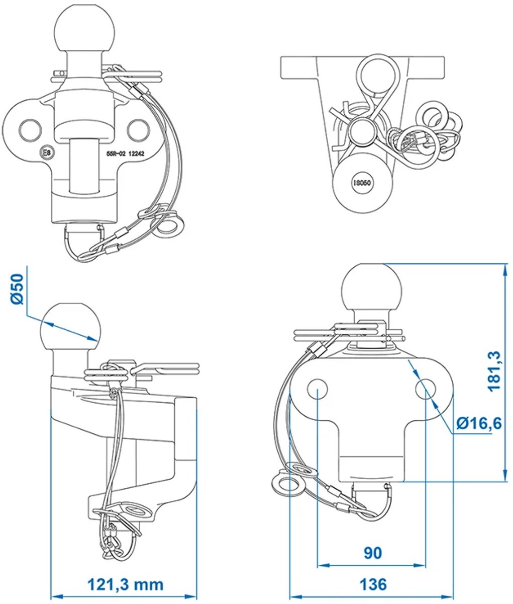 VCTparts® Trekhaakkogel D172/S200 Gecombineerde Tweevoudige Uitvoering E-gekeurd Zilver Bumpertrekhaak Koppelingskogel