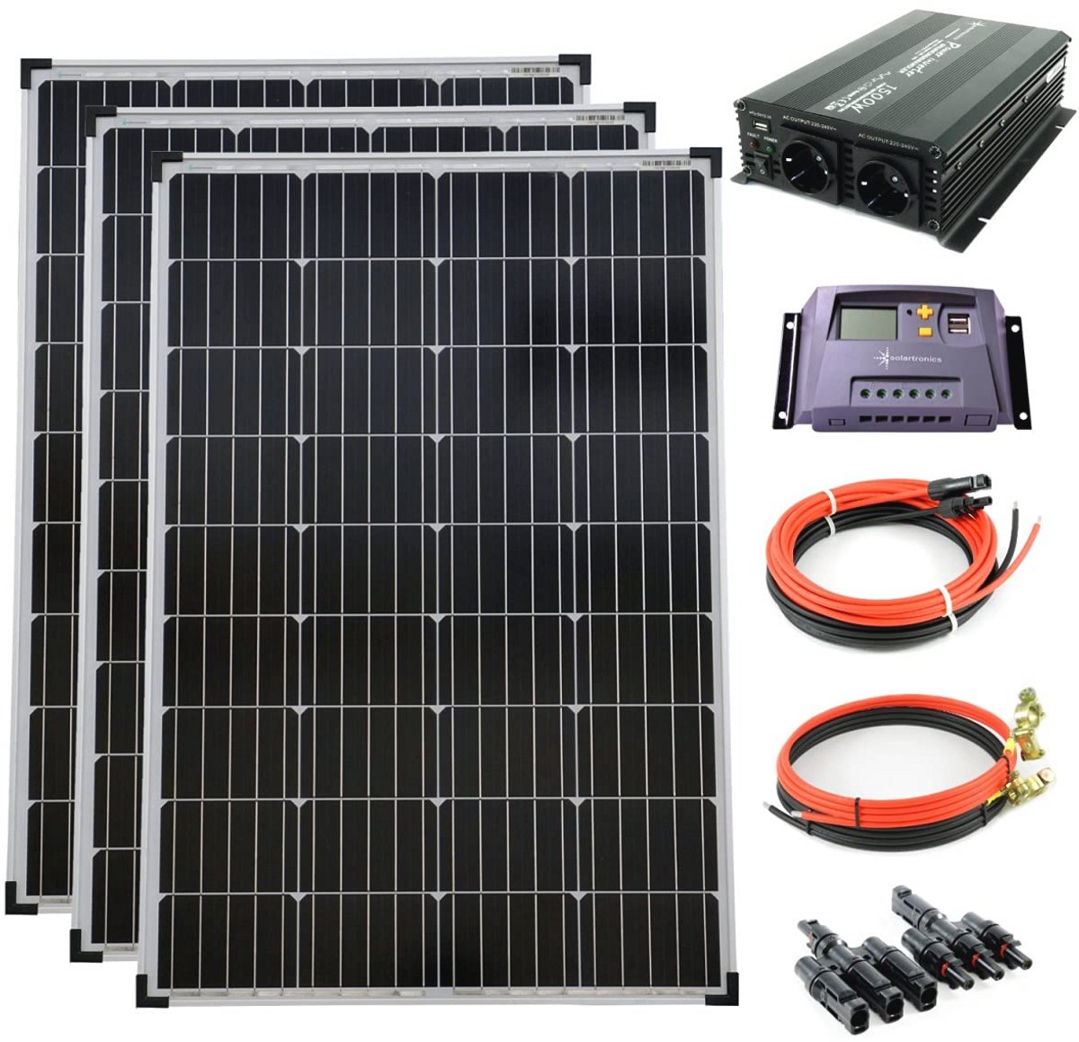 Complete set 3x100Watt 12Volt 1500W Voltage Converter met 20A Laadregelaar voor Zonne-energie Installaties
