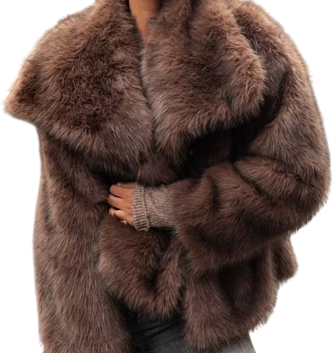 2026 Dames Nepbontjas met Kraag en Lange Mouwen – Winter Dikke Warme Effen Kleur Fury Jas voor Vrouwen High Street Mode Trendy Bovenkleding Winterjas Dames Warme Jas Effen Kleur Jas Dames Bovenkleding Bruin