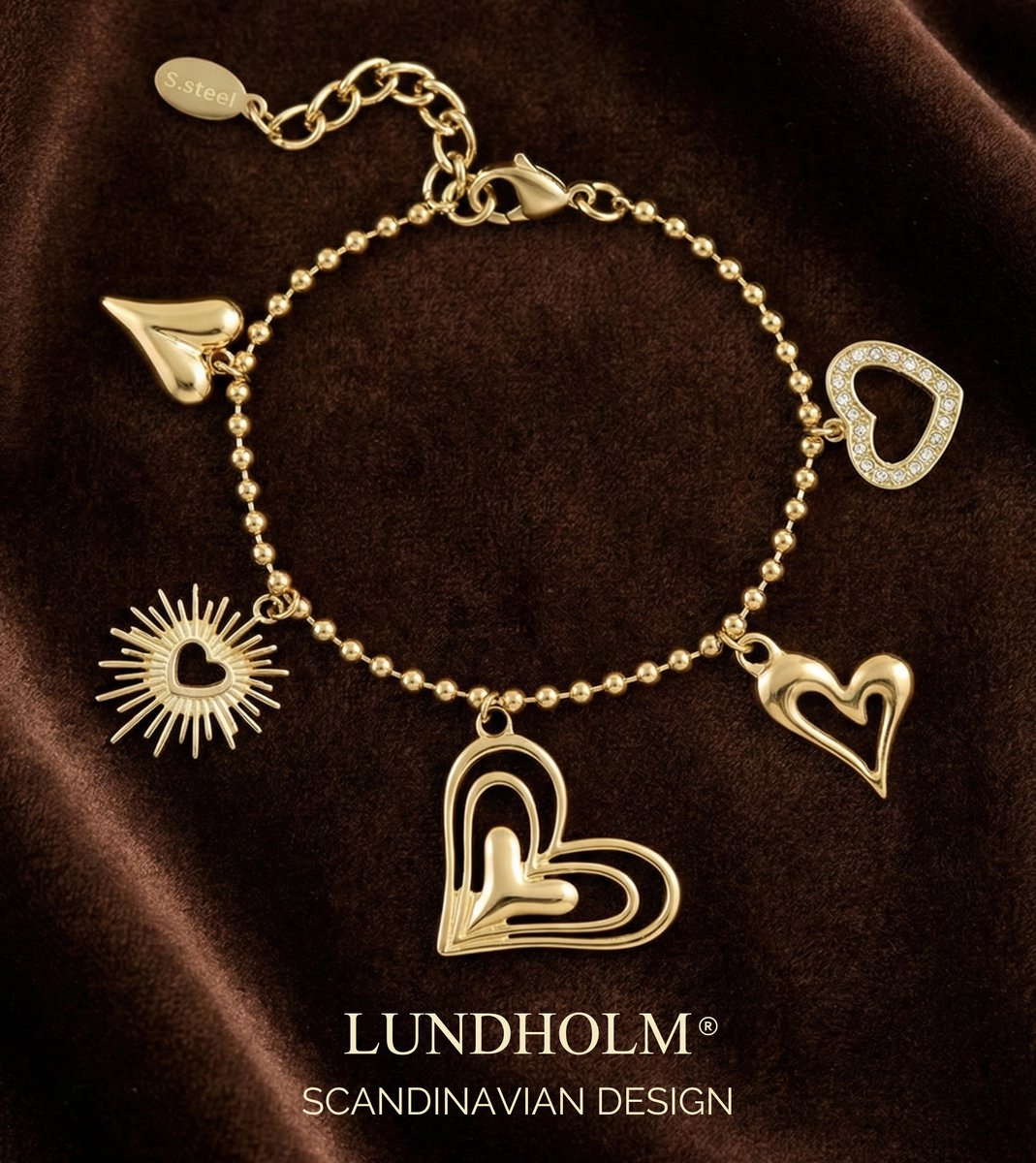 Lundholm luxe Armband Dames Hartjes Bedels - Premium Stainless Steel Jewellery - Goudkleurige Armband Bedels - Schakelarmband my Love - in luxe Geschenkverpakking - Vrouwen Cadeautjes