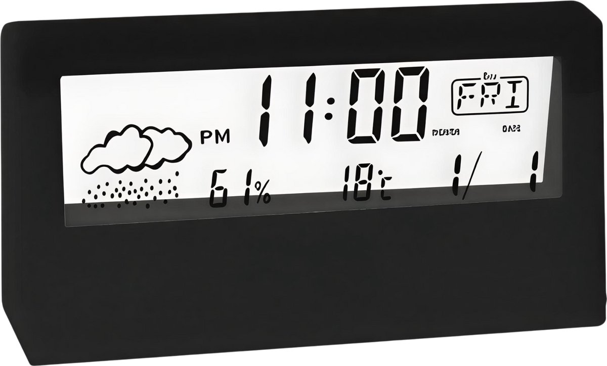 LED Thermometer en Thermo-Hygrometer met Elektronische Klok - Temperatuur- en Luchtvochtigheidsmeter met Alarm - Multifunctioneel Weerstation voor Thuis en Kantoor - Zwart