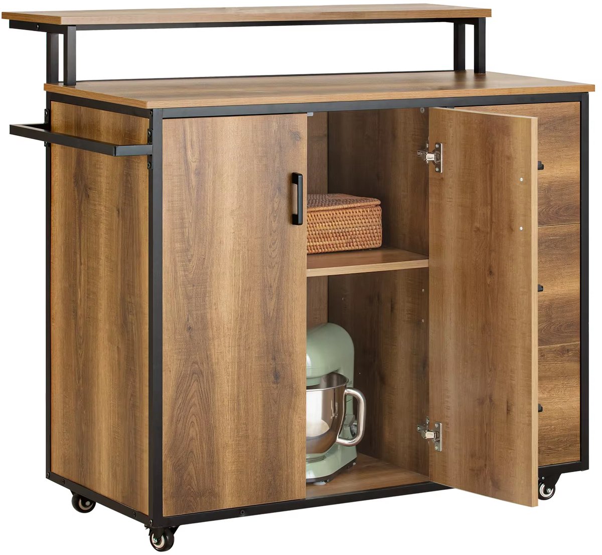 Keukeneiland - Verplaatsbaar - Keukenkast - Dressoir - Organizer - Kasten - Houten Werkblad - Bruin