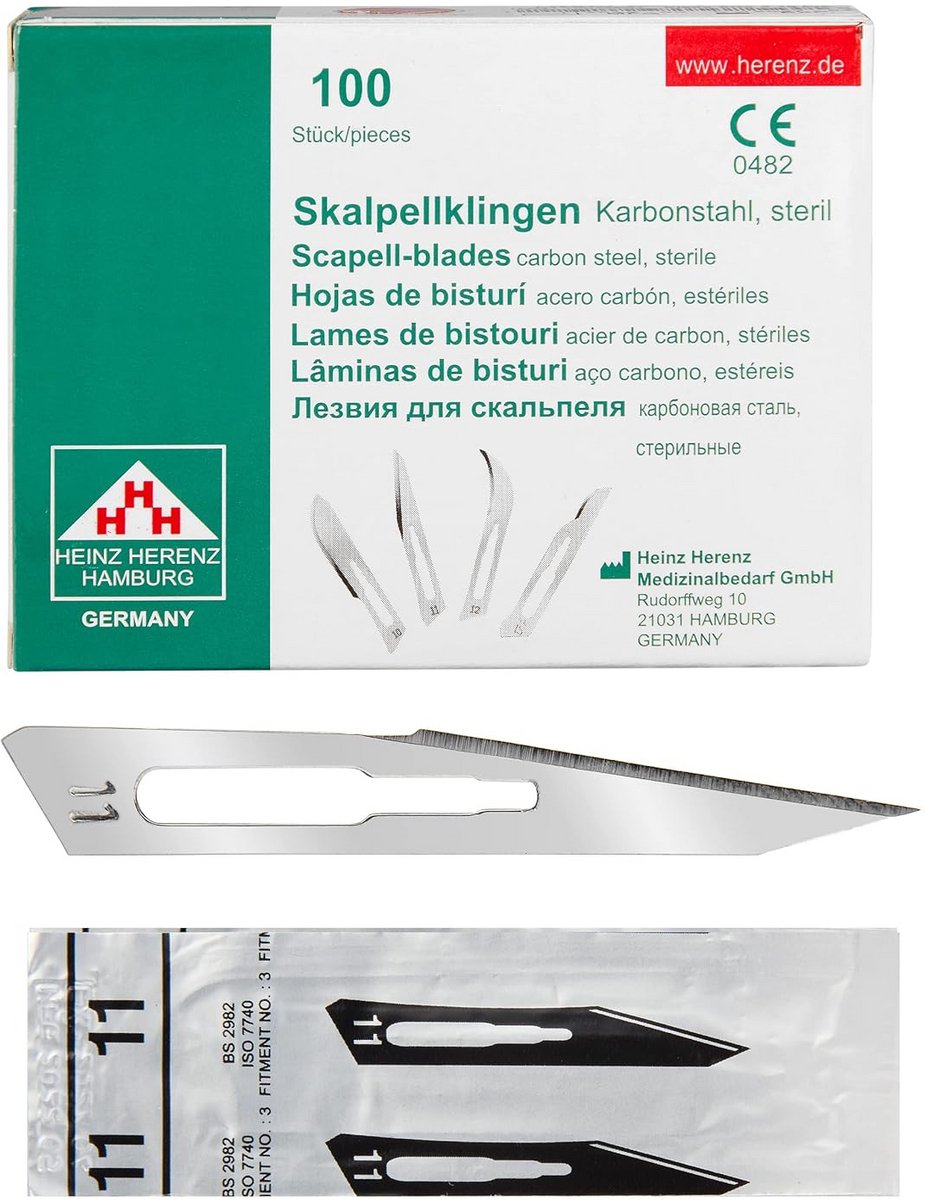 100 Steriele Scalpelmesjes Figuur 11 - Geschikt voor Scalpelhouder Nr. 3 - 100 Stuks