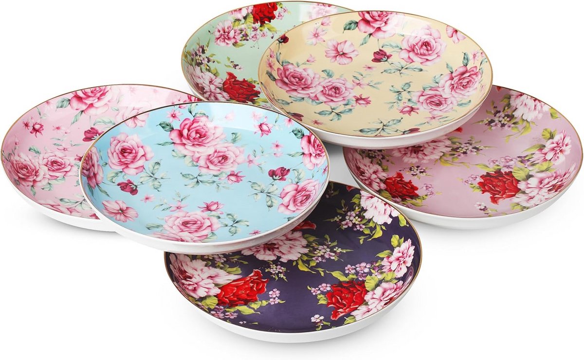 Diepe Porseleinen Dessertborden met Bloemenpatroon - Set van 6, 20,3 cm
