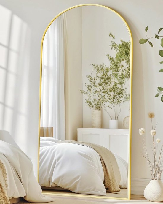 GTYZZH Full body spiegel, 165 x 60 cm boog, staande spiegel van gehard glas, hangend of leunend, grote wandspiegel voor slaapkamer, woonkamer, kleedkamer, zwart