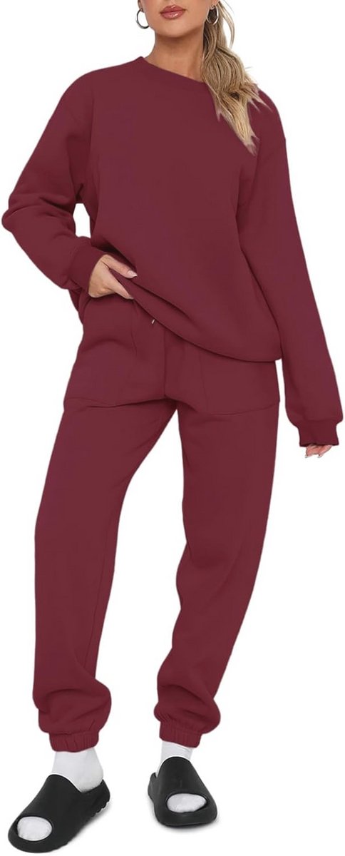 Dames Katoenen Ronde Hals Trainingspak Set - Lange Mouw Tweedelige Outfit - Plus Size Lounge Wear Set