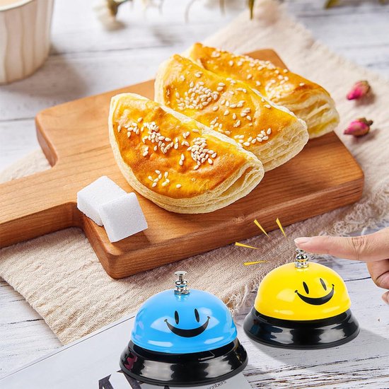 2 stuks - Belletje voor de serveerder - Bestelbel - Restaurantbel - Bel om op te roepen - Geel + blauw - Bel om op te roepen - 85 mm - Roestvrijstalen tafelbel - Restaurantservicebel - Handbel met smiley-patroon — afbeelding 5