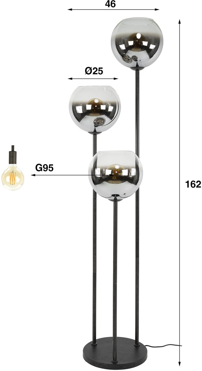 PS-Collection Vloerlamp Bubble Shaded - Rookglas & Metaal Zwart - vloerlampen woonkamer, staanlamp, vloerlamp zwart, vloerlamp industrieel, vloer lamp, staande lampen woonkamer, staande lampen, staande lamp industrieel thumbnail 3