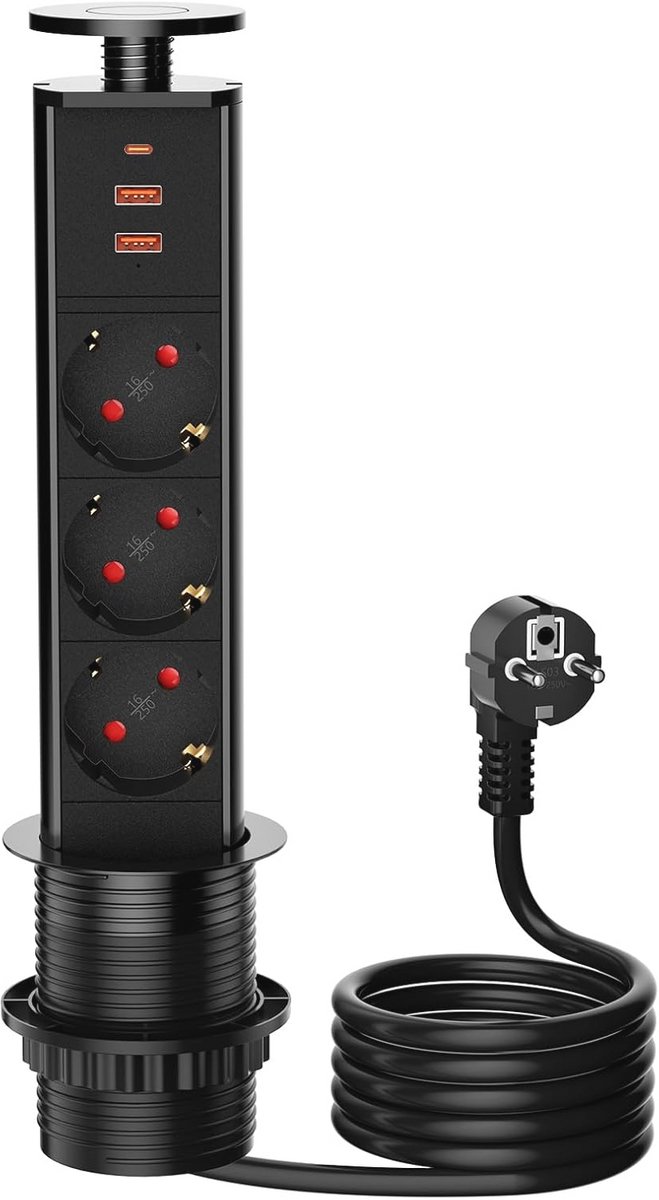 Intrekbaar Tafelstopcontact met 3 USB-opladers en 1,8 m Kabel voor Kantoor en Keuken