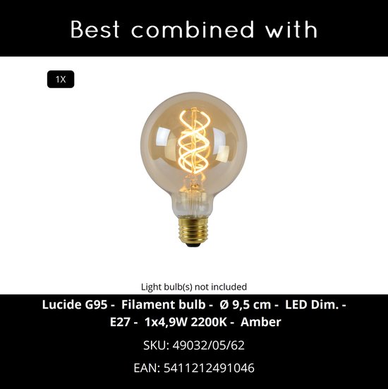 Amberkleurige G95 LED filamentlamp met spiraalvormige gloeidraad, Ø 9,5 cm.
