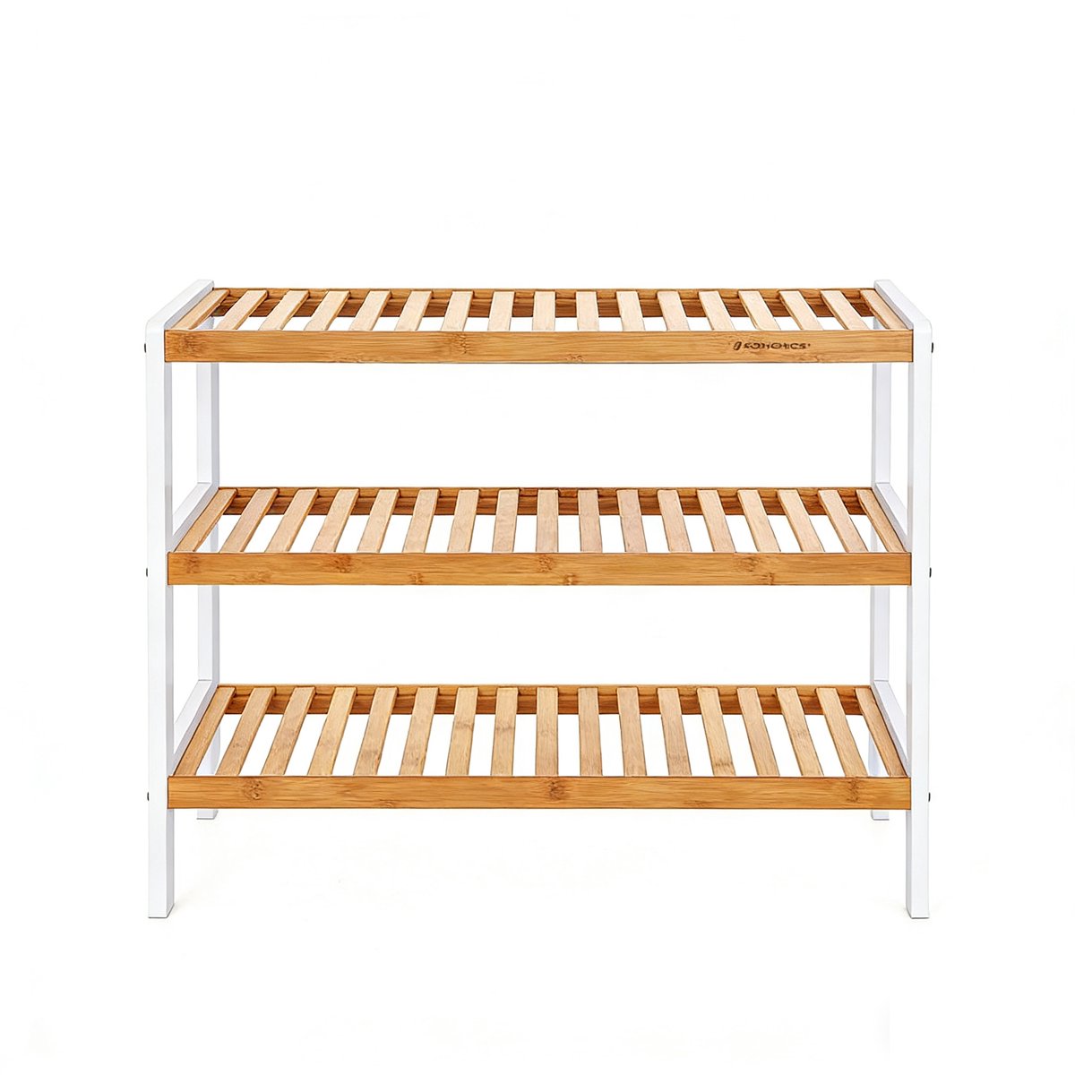 Schoenenrek opbergrek staande opberger met 3 open opbergniveaus stevige duurzame bamboeconstructie geschikt voor hal badkamer woonkamer slaapkamer en gang 70 x 26 x 55 cm wit+natuur